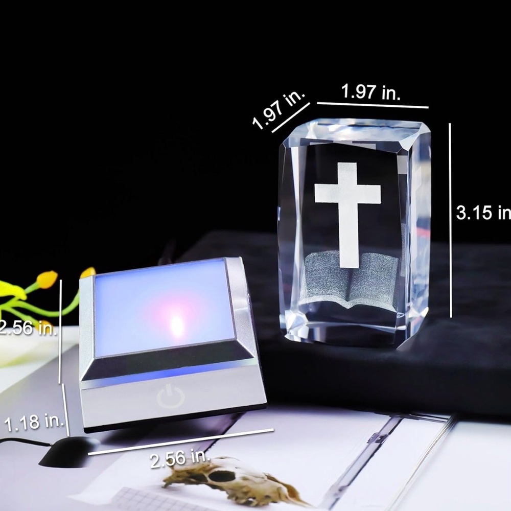 3D Crystal Bible Cross Figurine with Colorful Light Base - Picture 2 of 5